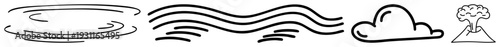 Simple drawings of water ripples, ocean waves, cloud, and erupting volcano, stylized nature symbols, vector, environmental motifs.