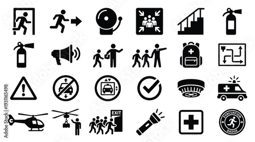 Collection of safety and emergency icons, including evacuation, fire safety, first aid, and rescue symbols.