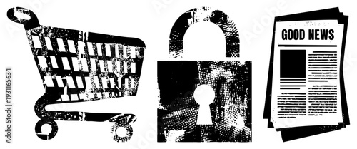 Vintage distressed shopping cart, unlocked padlock, newspaper titled "GOOD NEWS", vector with gritty texture, e commerce and security concepts.