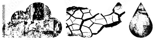 Weathered cloud, cracked soil, raindrop with grunge texture, natural elements, earthy, distressed vector art, environmental motifs.