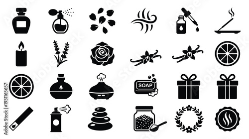 A collection of black and white icons representing various elements related to aromatherapy, perfumes, and relaxation.
