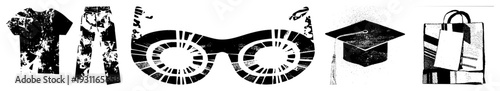 T shirt and pants combo, stylish glasses, graduation cap, shopping bag, halftone, vector art, fashion accessories, academic symbol.