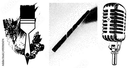 Retro microphone, paintbrush with textured strokes, spray can with halftone gradient, flat vector, creative tools, artistic equipment, design assets.
