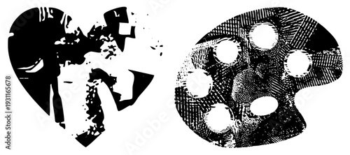 Stylized black and white vector cutouts of two expressive human figures and an artistic palette, rendered with halftone texture, ideal for graphic design or illustration projects.