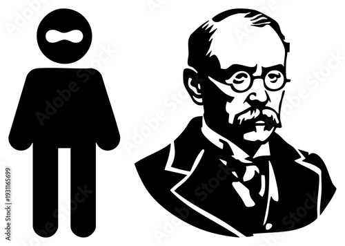 Historical bust portrait of bearded man with glasses, formal suit, beside minimalist human, black and white vector, graphic design element.