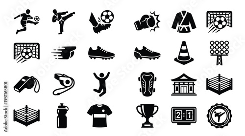 A comprehensive collection of sports-related icons, featuring equipment, athletes, and venues for various athletic activities.
