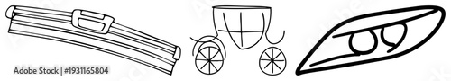 Simplified art of windshield wiper, classic carriage with spoked wheels, and modern car headlight, all isolated vector shapes, clean minimalist style.