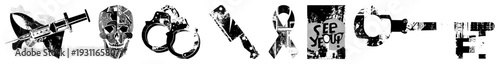 Vector symbols including syringe, skull, handcuffs, cleaver, ribbon, "See You?" text, and abstract shapes, rendered in gritty halftone style, isolated on transparent background.