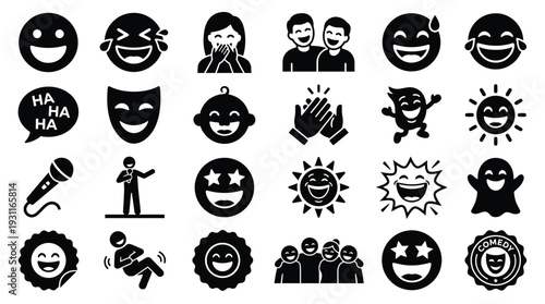 A collection of black and white icons representing laughter, joy, comedy, and happiness, featuring emojis, people, and symbols of amusement.