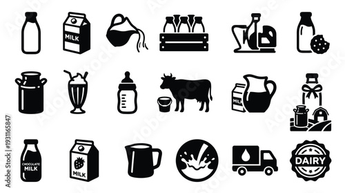 Collection of dairy product icons, including milk bottles, cartons, jugs, a cow, and a delivery truck.