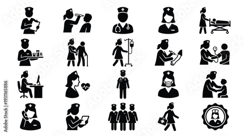 Collection of 20 black and white icons representing various nursing and healthcare activities and roles.
