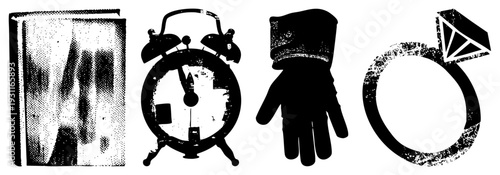 Retro halftone vector (book, clock, glove, ring) for design/print/web. Also called stylized symbols, dot matrix, pictograms, vintage vector elements.