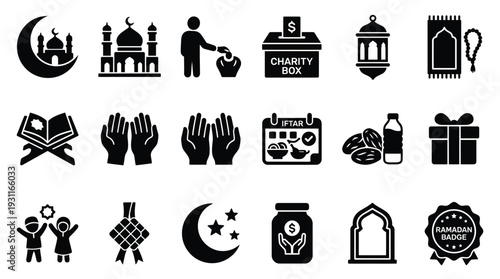 Collection of Islamic icons representing Ramadan and Eid celebrations, including religious symbols, charity, and festive elements.