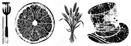 Grungy black and white vector spatula, citrus section, wheat bundle, top hat rustic food and fashion motifs.