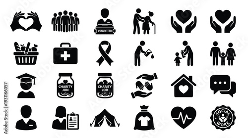 Collection of black and white icons representing various aspects of charity, community support, and social services.