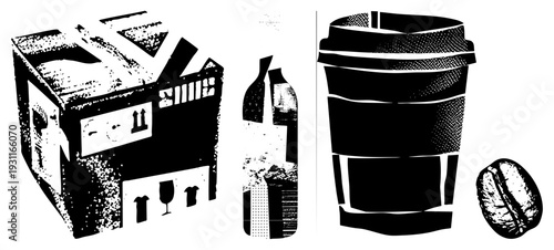 Stylized halftone graphic of coffee shop elements espresso machine, wine bottle, to go cup, coffee bean. Retro print aesthetic,, vector art for branding or design.