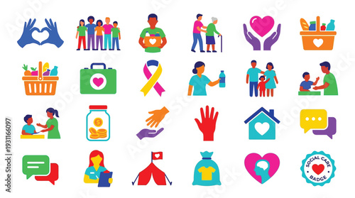 A vibrant collection of colorful icons representing various aspects of charity, community support, and social welfare initiatives.