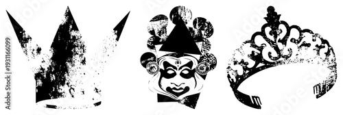 Three black and white vector crown, theatrical mask with geometric, ornate tiara. Grunge texture, isolated foreground, stylized and performance symbols.