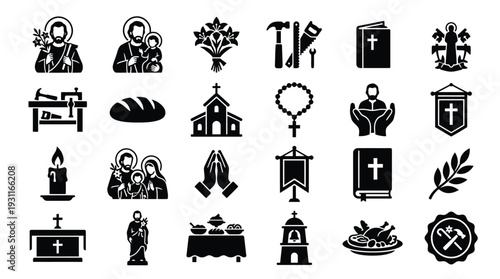 Collection of black and white religious icons representing various Christian symbols and figures, including saints, churches, and sacred objects.
