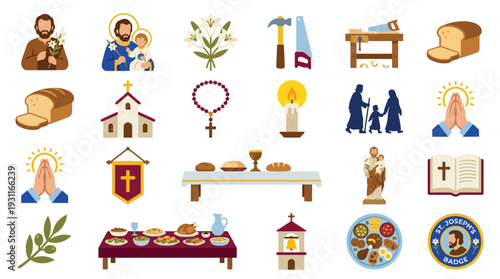 A collection of religious icons and symbols representing Christian faith, including figures of saints, bread, churches, rosaries, candles, and biblical texts.