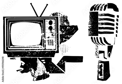 Classic set with antennas and vintage microphone, retro broadcast equipment, analog symbols, black and white vector illustration.