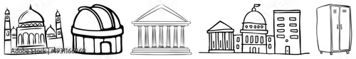 Vector drawings of mosque, observatory, courthouse, government building, and locker, minimalist architectural symbols, educational and.