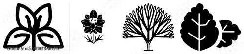 Stylized leaf, flower, tree, and branch rendered in bold, vector graphic, nature motifs, minimalist botanical design.