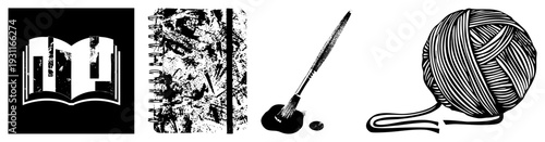 Creative writing tools including open book, textured notebook, ink brush, and yarn ball, ideal for artists and writers, vector set.