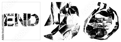 Fragmented abstract shapes with halftone textures, stylized typography, graphic design elements, vector art composition,.