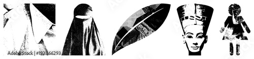Vectorized halftone portraits veiled figure, feather, Nefertiti, stylized woman, abstract head. graphic design with dot, cultural symbolism, artistic renderings.