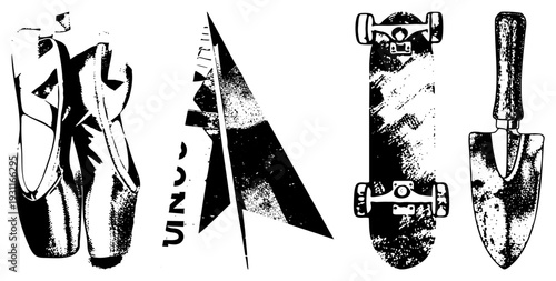 Black and white halftone vector ballet slippers, skateboard, garden trowel, sailboat. Stylized, textured, graphic design elements for creative projects.
