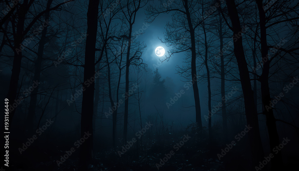 Naklejka premium Moonlit misty forest at night with eerie blue glow and mysterious atmosphere