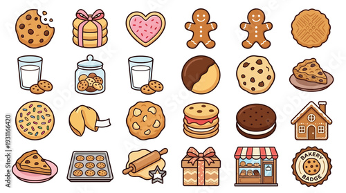 A delightful collection of various cookies, including gingerbread men, chocolate-dipped cookies, fortune cookies, and a gingerbread house, all presented in a charming, illustrative style.