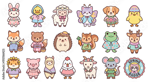 A charming collection of adorable kawaii-style cartoon animals dressed in cute spring-themed outfits, perfect for Easter and springtime celebrations.