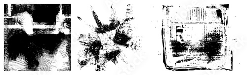 Black and white halftone graphic with fragmented geometric forms, vector art, stylized shapes, digital illustration, graphic design element.