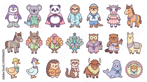 A charming collection of adorable cartoon animals dressed in various outfits, including pajamas, overalls, and sailor suits, presented in a grid format.