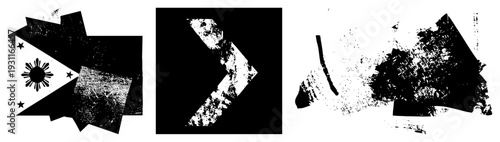 Fragmented black and white shapes with distressed textures, starburst, graphic design elements, digital art composition, halftone grain.