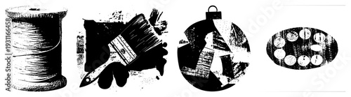 Vector art depicting thread spool, paintbrush, holiday ornament, and paint palette in halftone style, graphic, artistic tools, creative supplies, isolated.