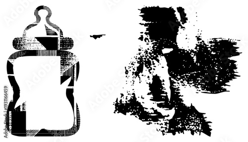 Vector illustration of baby bottle with halftone textures, paired with abstract human silhouette, art, graphic design piece, minimalist composition, black and white aesthetic.