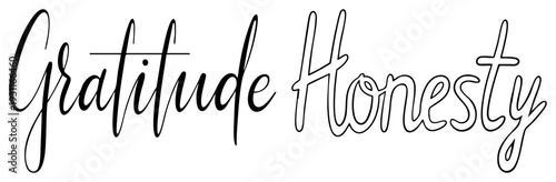 Artistic cursive lettering showcasing gratitude and honesty, stylized calligraphy, motivational quote design, inspirational typography, black text.