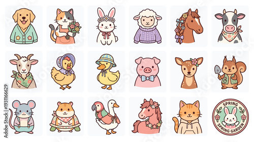 A charming collection of adorable, anthropomorphic farm and woodland animals dressed in cute outfits, perfect for children's illustrations and designs.