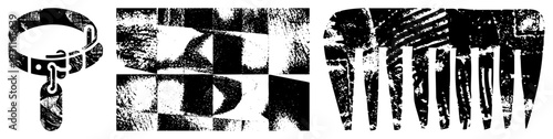 Black and white vector of pet collar, abstract geometric shapes, and comb with distressed texture, isolated foreground elements.