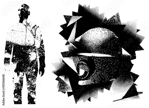 Black and white vector portraits using halftone dot and jagged geometric, stylized human forms, graphic art, digital illustration.