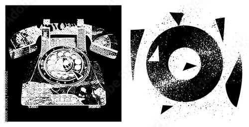 Retro rotary telephone rendered in halftone dot, paired with minimalist play button, vector art, isolated foreground, design, retro tech aesthetic.