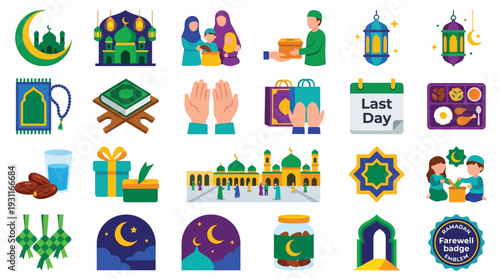 A vibrant collection of Islamic cultural icons and symbols, perfect for Ramadan and Eid celebrations, featuring mosques, families, food, and festive decorations.
