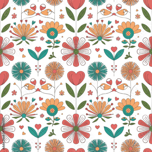 Seamless Folk Art Floral Pattern Vector with Colorful Spring Blossoms: Modern Botanical Flowers and Heart Motifs Background for Textile, Wallpaper, and Greeting Card Design