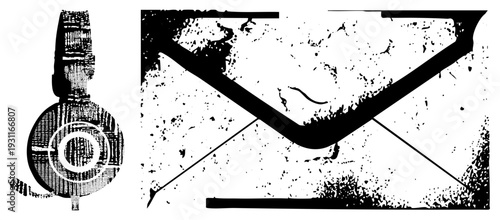 Retro headphones with circular earcups and textured halftone, paired with stylized envelope, both rendered in gritty black and white vector style.