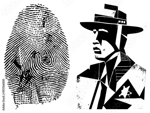 Abstract sheriff profile with star badge, halftone fingerprint texture, noir vector art, law enforcement, stylized mugshot, crime scene graphic, forensic illustration.