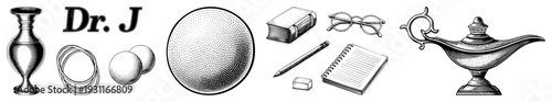 Classic scholarly items including lamp, books, pencil, eraser, notebook, spectacles, and ornamental vase, rendered in halftone vector style with "Dr. J" monogram.
