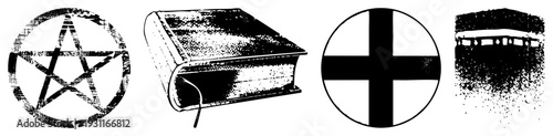 Distressed vector pentagram symbol, ancient tome,, Kaaba shrine all in gritty halftone style, isolated foreground elements.